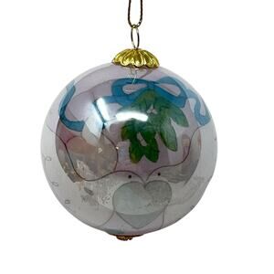 Pier 1 LI BIEN 2007 Small Hand-Painted Glass Ball Ornament Mistletoe Doves w Box